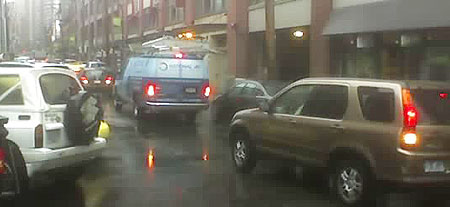 A block of traffic in Vancouver's Yaletown district, all backing up