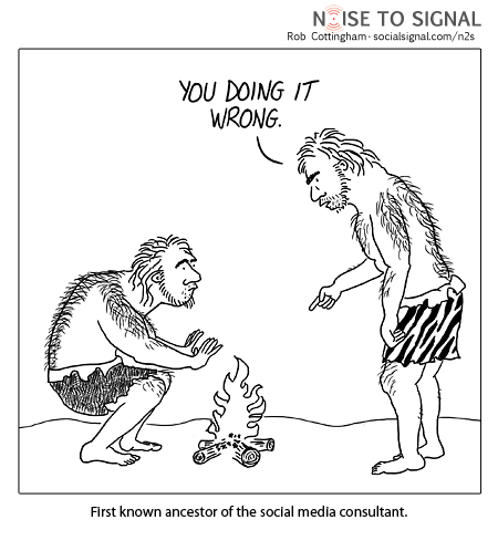 Cartoon of one prehistoric person telling another, who is lighting a fire, "You doing it wrong." Caption: First ancestor of the social media consultant.