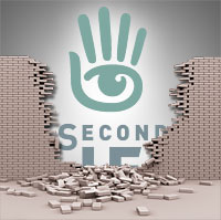 Second Life logo behind crumbling wall