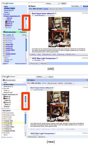 Google Reader screen capture; new version has much fewer friends